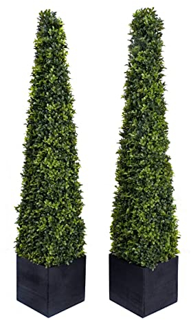 2 x Artificial Premium Quality Topiary Boxwood Pyramid Trees in Black Square Planter for Indoor Outdoor Decor, UV Stable (4ft/120cm)