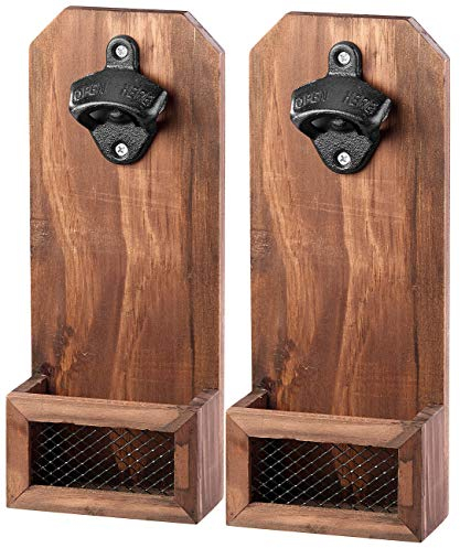 Cucina di Modena Einhand Flaschenöffner: 2er-Set Wand-Flaschenöffner mit Kronkorken-Auffangbehälter, Holz (Wandflaschenöffner, Kapselheber, Wandhalterung)