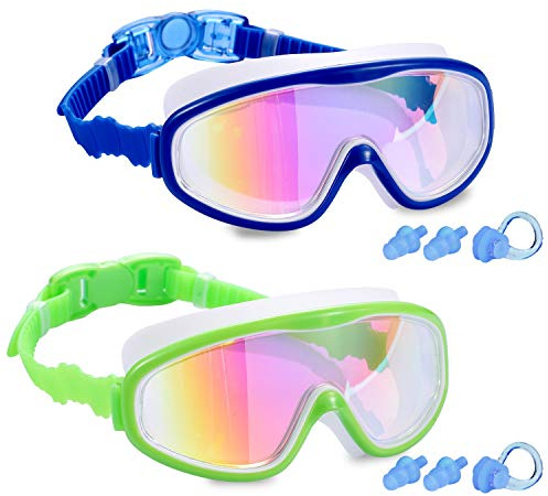 Yizerel 2 Pack Kids Swim Goggles, Swimming Glasses with Electroplating for Children and Early Teens from 3 to 15 Years Old, Wide Vision, Anti-Fog, Waterproof, UV Protection (Set of 2)