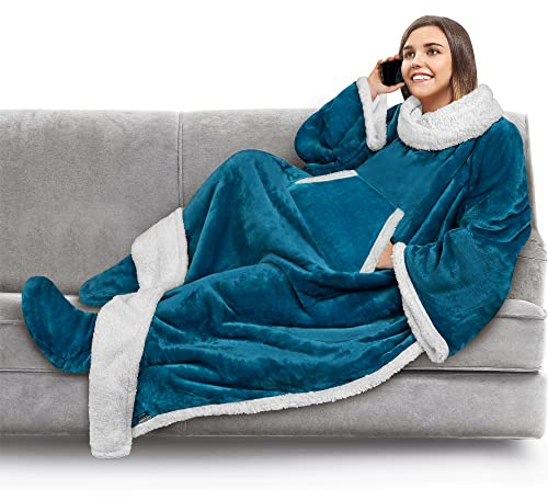 PAVILIA Fleece Blanket with Sleeves and Foot Pockets for Women Men Adults, Wearable Blanket Sleeved Throw Wrap, Plush Hug Sleep Pod Snuggle Blanket Robe, Cozy Gift Ideas Wife Mom, Teal Blue