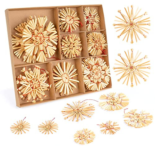 Anstore Strohsterne Weihnachtsbaumschmuck Stroh, 32-teiliges Strohsterne Set Christbaumschmuck, Natürlicher Strohanhänger für den Weihnachtsbaum Weihnachtsdekoration, Ø 6 8 10cm Weihnachtsbaumanhänger