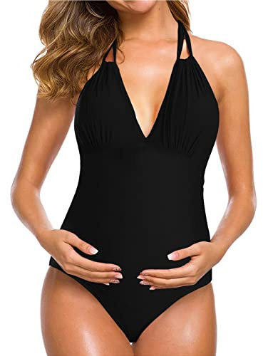 Vuncio Umstandsbadeanzug Einteiliger Badeanzug Bauchweg Mit Ausschnitten Für Damen Sexy V-Ausschnitt Große Größen Schwangerschaft (as3, Alpha, m, Regular, Regular, Schwarz)