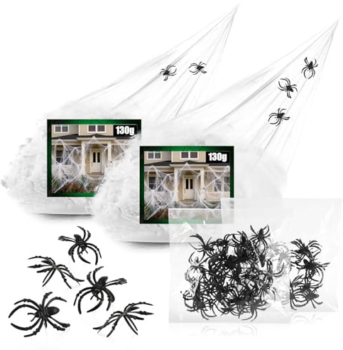 COM-FOUR® 66 piezas Juego de decoración Halloween, Telaraña elástica | Telaraña blanca aterradora para Halloween - carnaval - fiestas de terror o temáticas