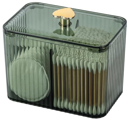 Tbestmax Qtip Holder Dispenser 3-Section Clear Cotton Swab/Pad/Ball Holder Container 3 Grids Bathroom Organizer Jar Cosmetics Storage for Vanity(Green)