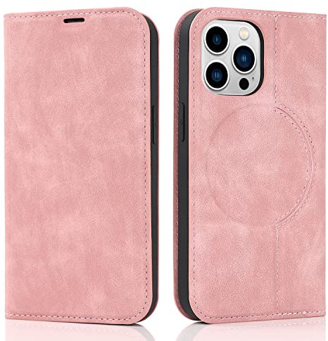 QLTYPRI Hülle für iPhone 15 Pro Max Kompatibel mit MagSafe, Ledertasche Handyhülle [RFID Schutz] Flip Case mit Kartenhalter Ständer Magnet Klapphülle für iPhone 15 Pro Max - Roségold