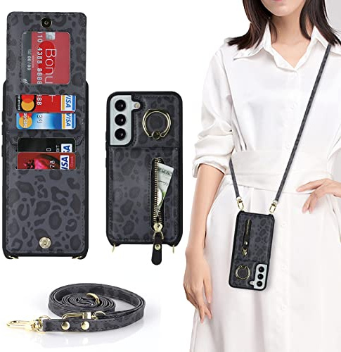 CAVOR Handykette Samsung Galaxy S21 Hülle Mit Band,Flip Leder Geldborse Handyhülle,[4 Kartenfach][Mit Ring Stander],Klapphülle Handyhülle mit Umhängeband - Schwarz Leopard