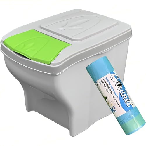 Sicignano Pattumiera Singola Raccolta Differenziata, 20 Lt, Plastica - Coperchio Colorato, Design Ondulato, Componibile, Sottolavello - Omaggio 15 Sacchetti Immondizia Profumati (Verde, 1)
