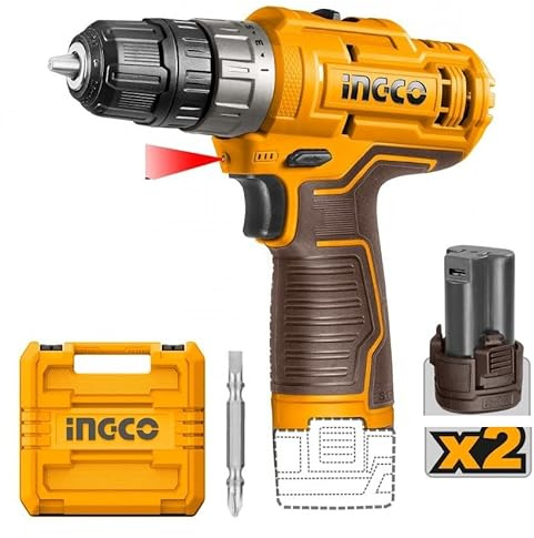 INGCO Taladro inalámbrico de 12 V, 2 baterías de iones de litio de 12 V y 1,5 Ah, cable USB tipo C, no incluye cargador - Modelo: CDLI12202
