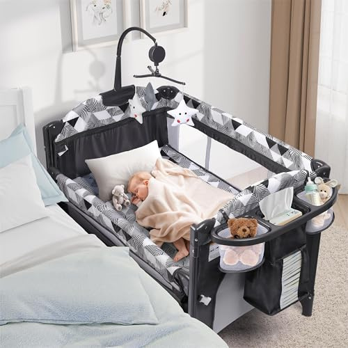 Xilingol 5-in-1 Baby Bassinet Bedside Sleeper, Portable Pack and Play with Changing Table, Baby Crib with Carry Bag, Cosleeper Bassinet Attach to Bed for Newborn to Toddlers