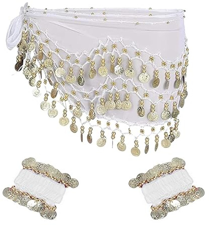 XDGBGFN Pañuelo de cintura para danza del vientre con pulsera, accesorios para danza del vientre, cinturón de gasa, toalla de cintura, Blanco, Talla única