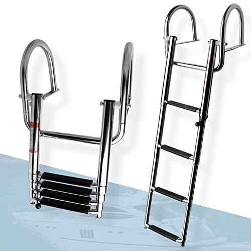 4-stufige Innenbord Bootsleiter Edelstahl klappbarer Teleskopeinstieg von hinten Innenbordleiter Dock Leiter Heavy Duty Swim Deck Leiter mit Pedal Handgeländer Leiter