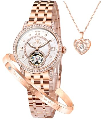 OLEVS Women’s Watch Automatic Diamond Tourbillon Luxury Fashion Stainless Steel Waterproof Luminous Wrist Watches for Ladies Gift Rose Gold/Starry Sky Blue/Silver