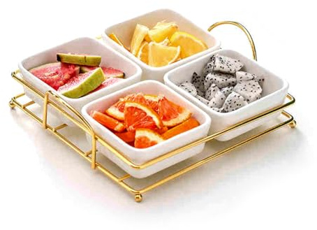 RihanCurvy Dip Schalen Set – Snackteller Porzellan mit Metallgestell – Servierschalen Set für Snacks, Dips & Tapas – Kleine Schüsseln für Küche & Esstisch – Snackschalen Set für Party & Alltag