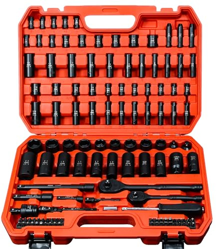 AMM 123Pcs Impact socket set，1/4”3/8”Drive Deep&Shallow Socket wrench set，6 Point Metric&Standard Full 5/32-3/4，4-22mm with Spark plug sockets，72T Ratchet handle，Screwdrivers，for Automotive&Home
