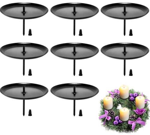 OUDQFCJ Set di 8 Porta Candele per Corona Avvento, Piatto per Candele Nero in Metallo 7,5 cm per Candele a Colonna, Decorazione da Tavolo Natalizia