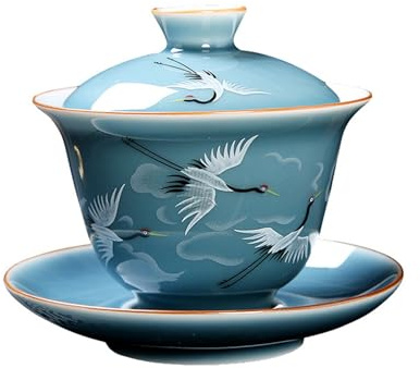 XYUERU Tetera China con Forma de Taza de té, Juego de té Gaiwan de cerámica con grullas Chinas, tazón de té Sancai, Taza de té Tradicional, for Oficina, Amigos, Familia y Negocios.