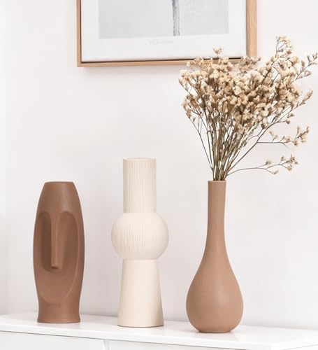 VASETOPIA Set di 3 Vasi in Ceramica, Faccia Vaso Fiore in Nordico Stile Per Decor, Scaffale, Camera da Letto (13 Marrone scuro/Marrone/Beige)