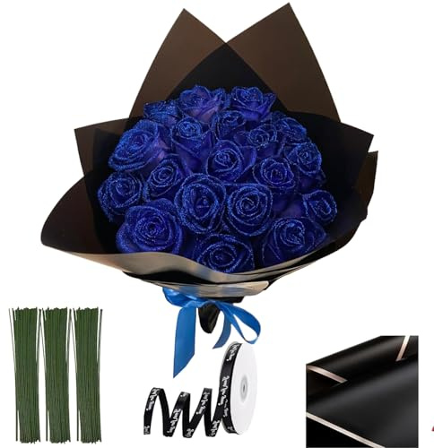 Ramo de rosas de brillo, 20 piezas de 9.5 pulgadas de brillo brillante flores ramo, rosas de bricolaje con tallo, cintas de envoltura y papel de envoltura para aniversario, compromiso, boda, azul
