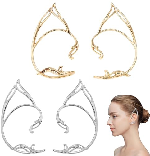 2 Pares de puños de Oreja Estilo Elfo, Pendientes Tipo Clip para Mujer, diseño de alas y Hojas, Accesorios Ligeros para Disfraces, Fiestas y Looks de fantasía