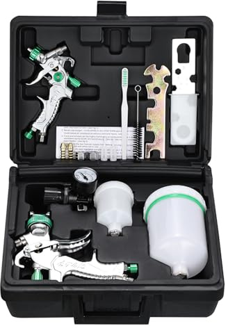 Hanured® Kit med HVLP spraypistoler, 2 färgpistol med munstycken 0,8 mm och 1,4 mm, koppar 125 ml och 600 ml, regleringsmätare, för fordonsfärg, primer och finish