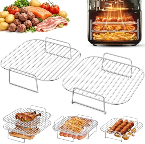 2 Pack Fyrkantig Luftfritös grillgaller Rostfritt stål Luftfritös tillbehör | Upphöjt galler Krispigare mat kompatibel Cosori 5,5L/6L/6,4L, Philips 6,2L, Ninja 6,2L Och andra 5,5–8,3L