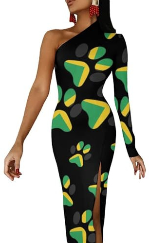 Vestido largo de media manga con abertura y hombros descubiertos, diseño de pata de perro de la bandera de Jamaica, vestido de cóctel, Estilo:, XS