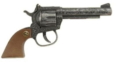 J.G.Schrödel Sheriff antik: Spielzeugpistole für Zündplättchen, in Geschenkebox, Robuste Qualität aus Zink und Kunststoff, für 100-Schuss-Munition, 17.5 cm, silber/braun (404 4598)
