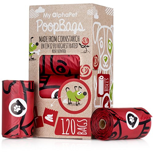 My AlphaPet kompostierbarer Hundekotbeutel – Maisstärke umweltfreundlich – EN 13432 bewertet – 120 Stück 8 Rose duftend Rollen Nachfüllpackung – 22cm x 33cm groß – auslaufsicher