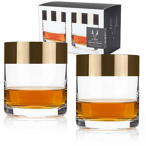 Viski Irving Lot de 2 verres à whisky en cristal transparent de qualité supérieure avec bord en bronze, 237 ml