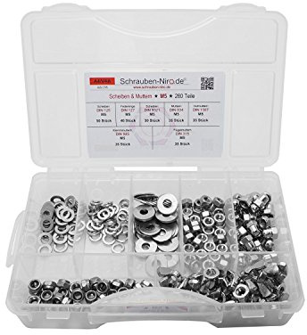 Sortiment Muttern und Scheiben M5 Edelstahl V4A DIN 934, 1587, 985, 315, 125 9021 und DIN 127, 350 Teile