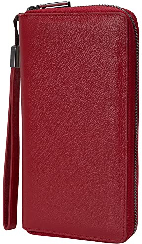 Bveyzi RFID Blocking Purses for Women Real Leather Zip Around Large Travel Mobile Phone Ladies Long Money Purses Wallet, 17 Card Slots (Wine Red)