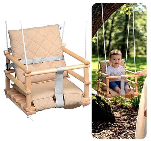 Holz Babyschaukel, Kinderschaukel, Schaukel für Kinder Schaukel 3 in 1 + SICHERHEITSGURT, Kleinkindschaukel, Baby schaukel und Schaukelsitz, Kinder Holz Indoor Outdoor (Beige Neu)