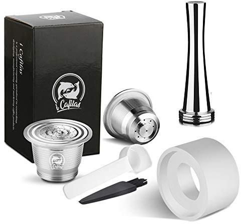 i Cafilas Capsules Nepresso réutilisables, en acier inoxydable, rechargeables, compatibles avec machine Nepresso 【OriginalLine】 Dosettes de café réutilisables (2 capsules, 1 tampon, 1 filtre à café)