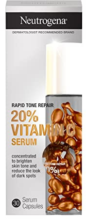 Neutrogena Rapid Tone Repair 20% Vitamin C Brightening Serum Capsules, Antioxidant Face Serum for Whitening Dark Spots & Even Skin Tone, Oil-Free, 30 Serum Capsules
