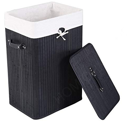Bamboo Laundry Basket 72L Collapsible Bamboo With 1 Compartment Laundry Hamper Laundry Basket Removable Lining Large Laundry Bins Laundry Hamper with Lid Bamboo Laundry Storage basket (BLACK)