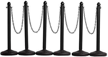 Montour Line Plastic Stanchion Black 2.5 Inch Diameter with 50 Foot Chain, 6-Pack, Crowd Control Barriers