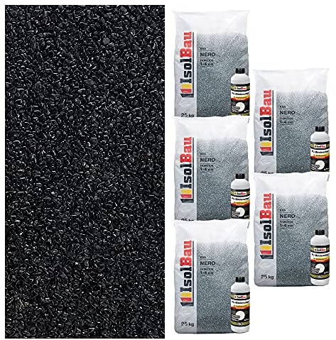 Isolbau Steinteppich SET Marmorkies 125kg + Bindemittel bis 12,5m² Nero 1/4mm Epoxidharz, Terassenboden, Natursteinboden Marmorkies Bodenbelag Steinboden Bodenbeschichtung, Marmorstein, Innen Außen
