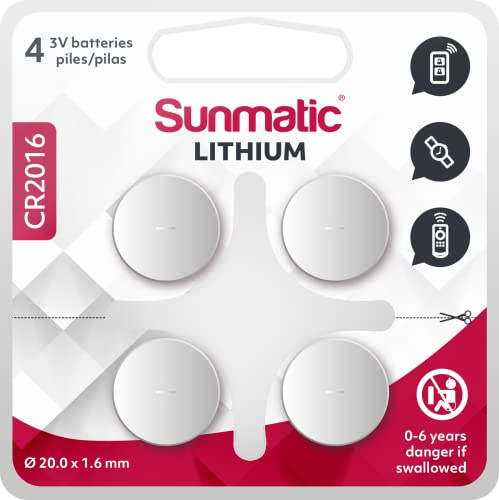 Piles CR2016 - Lot de 4 Piles | Sunmatic | Batteries CR 2016 Lithium 3v - Longue durée et Haute Performance pour télécommandes, balances, capteurs et thermomètres numériques