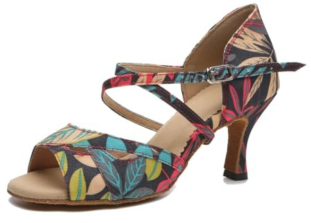 LITNERMIA Zapatos de baile con estampado floral y correa de tobillo para mujer, sandalias modernas de práctica