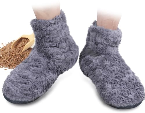 REVIX Microwavable Booties and Feet Warmers for Women & Men, Microwave Heated Foot Warmer with Flaxseed Moist Heat Therapy for Cold Feet, Gray, S/M