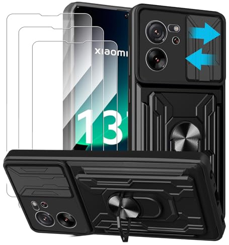 KZIOACSH Funda Xiaomi 13T/Xiaomi 13T Pro + 3× Cristal Templado,[Tapa Deslizante para la cámara] Anti-Choque con 360 Grados Magnetic Anillo Hard PC y Silicona TPU Bumper antigolpes Case,Negro