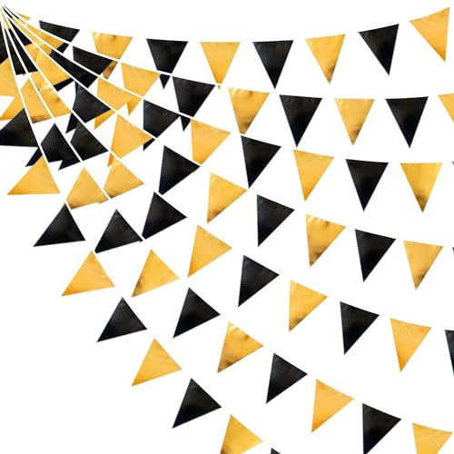 32Ft Schwarz-Goldene Partydekorationen Flagge Wimpelkette Metallischem Stoff Girlande für Geburtstag Abschlussfeier Jahrestag Hochzeit Junggesellenabschied Brautparty Verlobung Junggesellinnenabschied