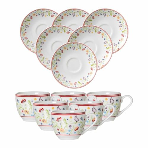 Ritzenhoff & Breker Shanti Espressotassen mit Untertassen 6er Set, 80 ml, Espressoobertassen und Espressountertassen mit floralem Blumen-Dekor, Porzellan, Bunt