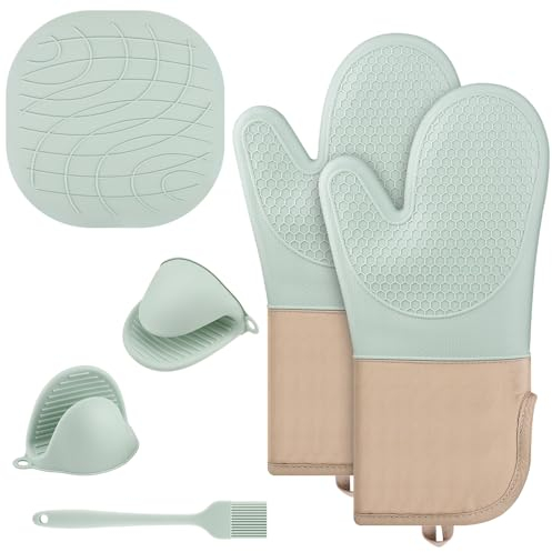 6 Pezzi Guanti da forno, Guanti Cucina, Design in Silicone, Antiscivolo e Resistenti al Calore, Ideale per Cucinare, Cuocere al Forno e Grigliare (Verde Menta)