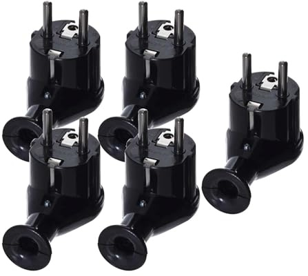 KEL 5 Stück Winkelstecker uni-schuko, 16A/230V, gewinkelt und abnehmbar, 2P+Z schuko schwarz - praktischer, abnehmbarer und gebogener schuko-stecker, eurostecker, ideal für verlängerungskabel