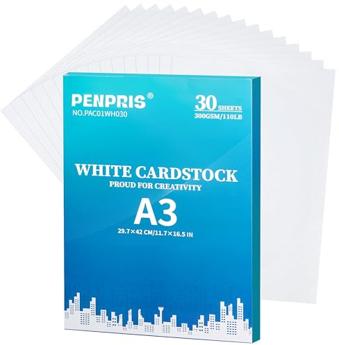 300 gsm vit kartong A3 30 ark 31 lb byggpapper | PENPRIS dubbelsidigt tungt kartongpapper för diy-kort, inbjudningar, vykort, visitkort PAC01WH030