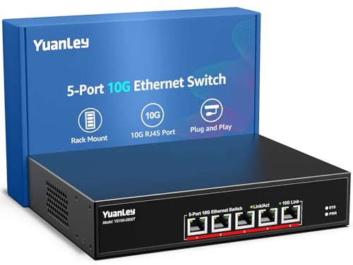 YuanLey 10G Switch Ethernet 5 Porte, RJ45 da 10Gbps, Supporto di Auto-Negoziazione di Velocità 10G/5G/2,5G/1G/100M, Capacità di Commutazione 100G, Switch Non Gestito Montabile su Rack, Plug and Play