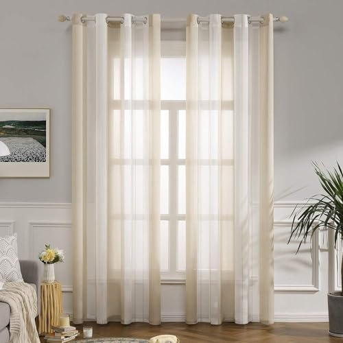 MIULEE Tende Voile a Righe Bianco e Beige con Anelli 2 Pezzi 140x270 cm | Voile semitrasparente a righe per soggiorno, camera da letto e piccole finestre.