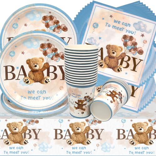 Doyomtoy Plüschbär Partygeschirr, 61 Stück Bärchen Geburtstag Deko Baby Geburtstag Bärs Tassen Servietten Tischdecke für Kindergeburtstag Party Deko Baby Shower