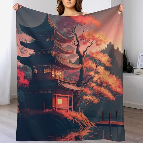 PAZZK Couverture Luxe Motif Temple Japonais Impression 3D Couverture Légère en Polaire De Flannel Linge De Lit Couvre-lit Couverture De Canapé（150×200cm）